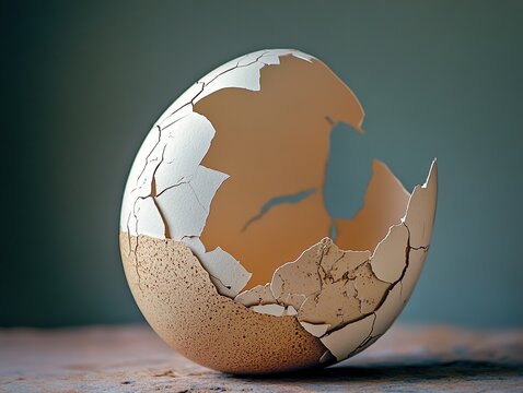 A cracked eggshell on a rustic surface, symbolizing fragility, new beginnings, and the beauty of imperfection. 