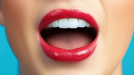 Fototapeta premium Close up portrait photo of a confident attractive woman s glossy red lips showcasing the importance of oral self care for a radiant healthy smile