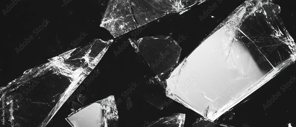 Poster cracked and shattered glass fragments create a sharp textured display against a dark background