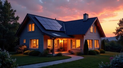 Evening Illumination of a Modern Suburban Home with Solar Panels