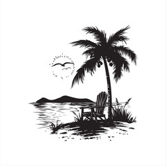 Silhouette Relaxing Beach with Chair and Palm Tree isolated vector design on white background 