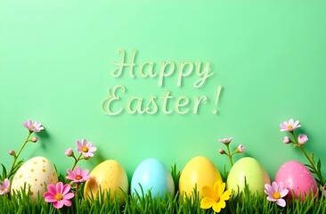Easter card with the inscription Happy Easter! with colorful eggs in green grass,pastel blurred background,minimalist wallpaper,spring holiday mood,small pink flowers in the meadow