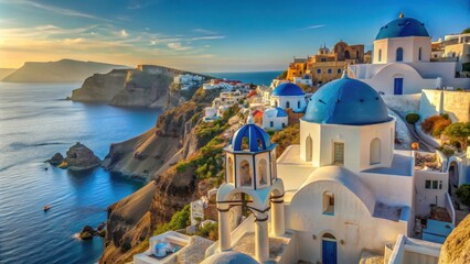 Fototapeta premium Ancient white-washed houses and blue-domed churches perched on steep cliffs overlooking the sparkling Aegean Sea in Santorini Greece Cyclades , whitewashed, architecture