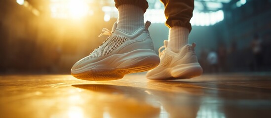 Stylish White Sneakers, Indoor Jump Shot, Golden Hour Light