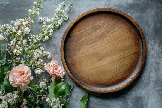 Elegant Wooden Plate Surrounded by Fresh Flowers and Foliage