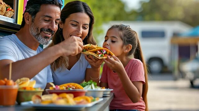 A happy family sharing tacos from a food truck, sitting together at a picnic table on a summer afternoon.