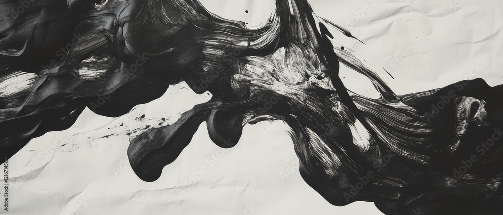 Poster Dried black ink textures creating dynamic forms on white matte background for artistic exploration