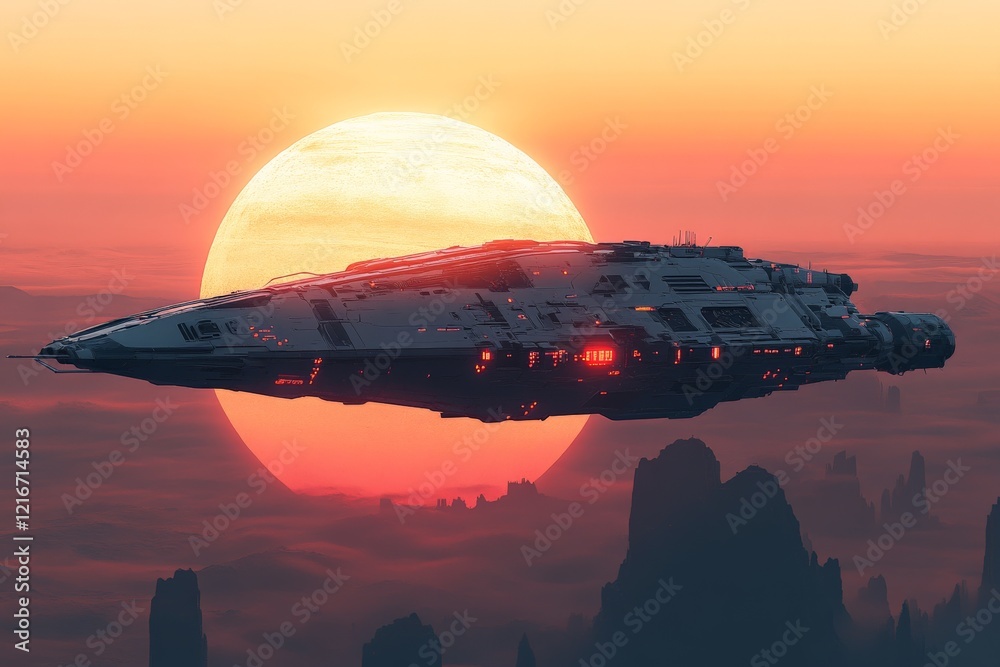 Aufkleber spaceship gliding through an alien landscape during a vibrant sunset with mountains in the backgroun
