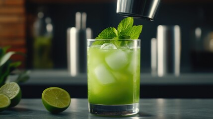 Energetic and dynamic image of a cocktail shaker in motion during the mixing of a refreshing mojito cocktail at a lively bar counter