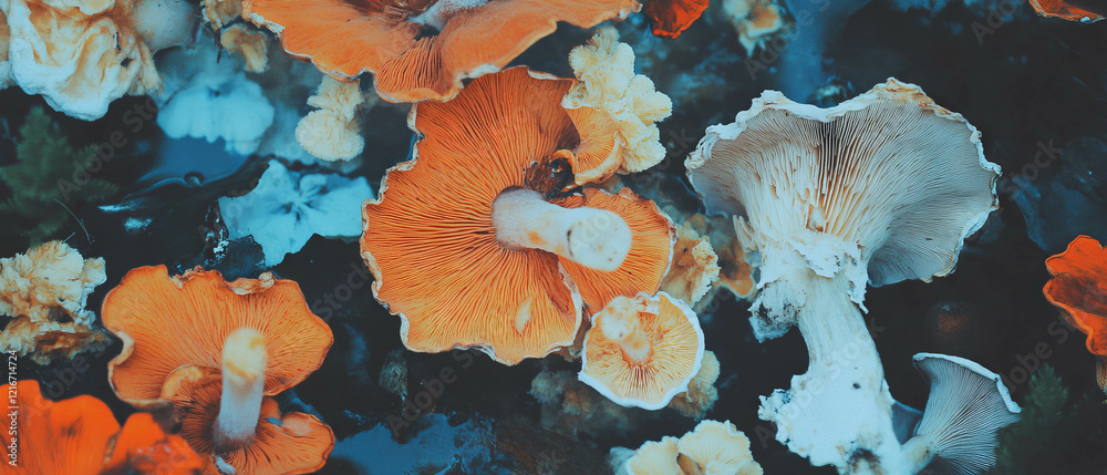 Poster varied colors and textures of dried mushrooms create a vibrant natural display