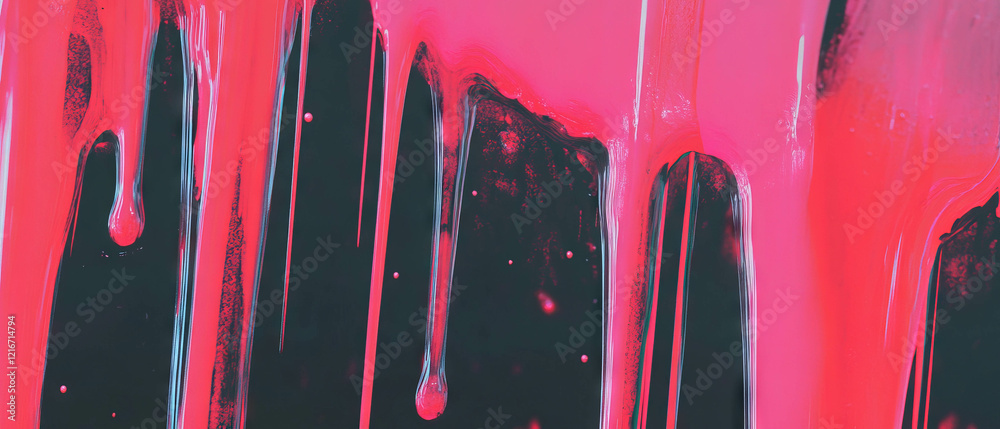 Poster Vibrant dripping ink patterns with contrasting red shapes in varied thicknesses