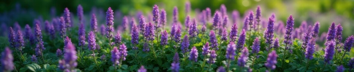 Naklejka premium Dense foliage of boldo plant with many purple flowers, herbaceous, dense foliage, flowering plant