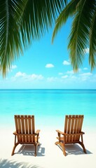 Two wooden deck chairs on tropical beach with white sand and crystal clear blue water and palm trees. Travel, tourism. Trip and vacation on sea.