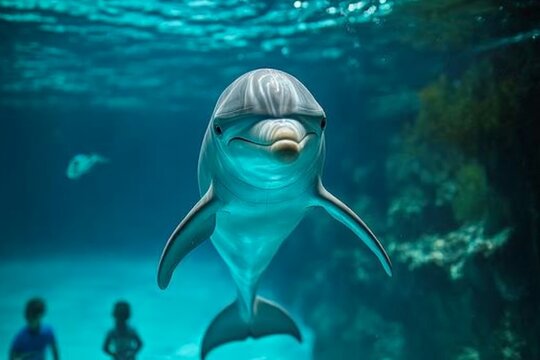 Dolphin swimming gracefully in an underwater exhibit at a marine aquarium during daytime - Powered by Adobe