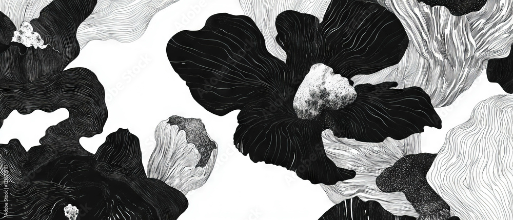 Poster intricate floral patterns created with fine black ink lines on a white background