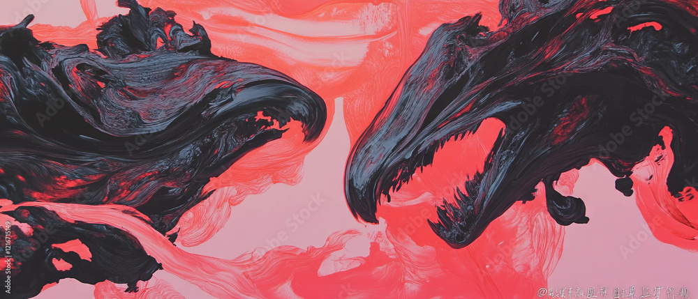 Poster vibrant feathered ink patterns create striking red and black contrasts with intricate designs