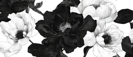 Elegant black ink floral patterns on a white background featuring intricate details