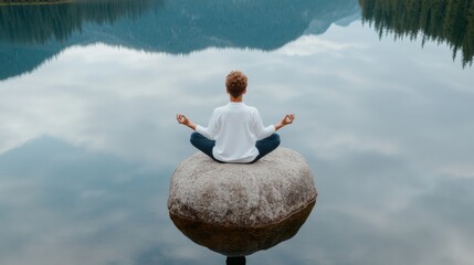 Fototapeta premium Mindful Serenity on Stone Young Man in Lotus Pose by a Reflective Lake - Nature-inspired Wellness Content and Outdoor Meditation Branding