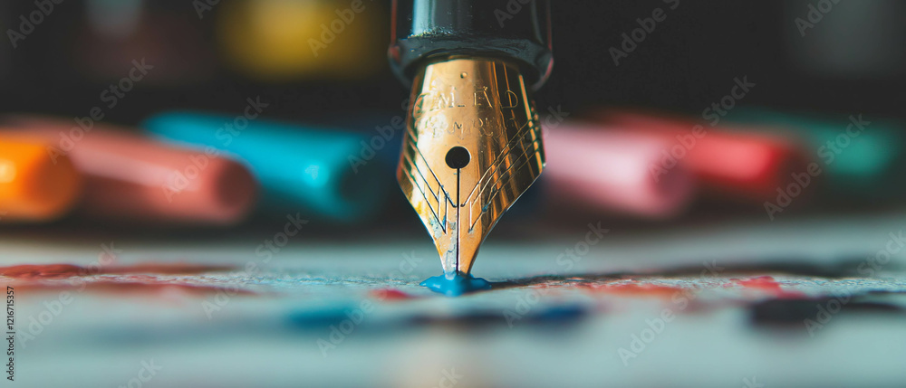 Poster exploring the smooth flow of fountain pen ink in vibrant colors on a textured surface