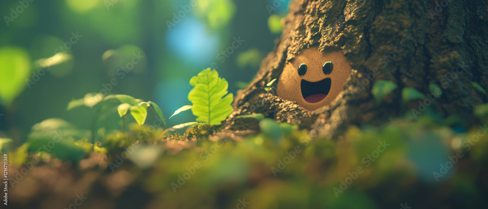 Poster friendly trees with bright green leaves and cheerful faces in a vibrant forest setting