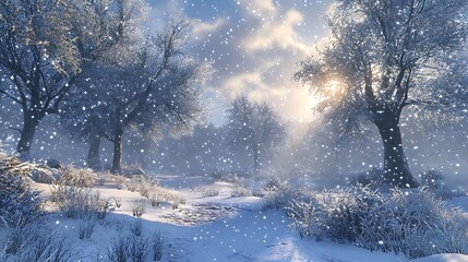 Fototapeta premium Snowy Forest Path with Sunbeams