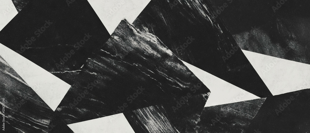 Poster Geometric black ink patterns with tessellating shapes on textured white background