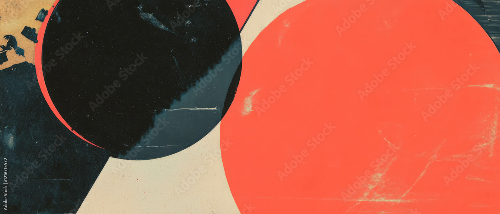 Poster Vibrant geometric ink patterns with contrasting red and black shapes on textured background
