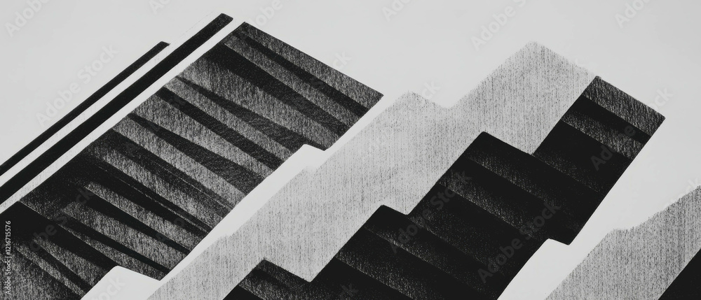 Poster Geometric black ink patterns with textured white background creating dynamic visual depth