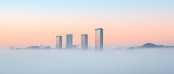 Fototapeta premium Calm Urban Skyline in Fog Seouls Modern Architecture with Blue-Gray Tones at Dawn - National Security Insights and Resilient City Planning for Contemporary Business Development