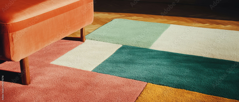 Poster geometric patterned rug featuring varied colors and precise shapes in a cozy indoor setting