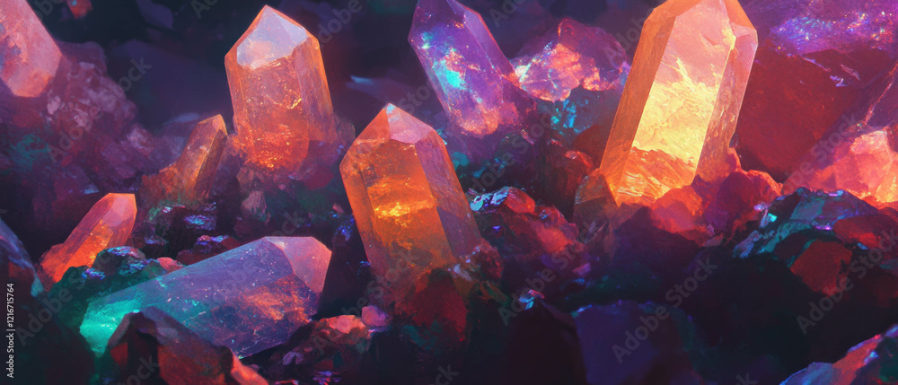 Poster glowing gems with vibrant colors and sparkling effects in artistic arrangement