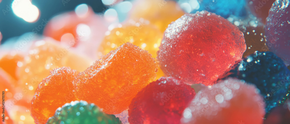 Poster colorful assortment of gumdrops showcasing soft textures and round shapes