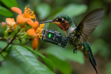 Fototapeta premium Hummingbird with robotic arm collects nectar from orange flowers in a vibrant rainforest setting