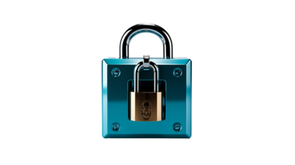 Teal metal padlock illustration, a modern concept for secure digital asset protection and privacy, transparent background.
