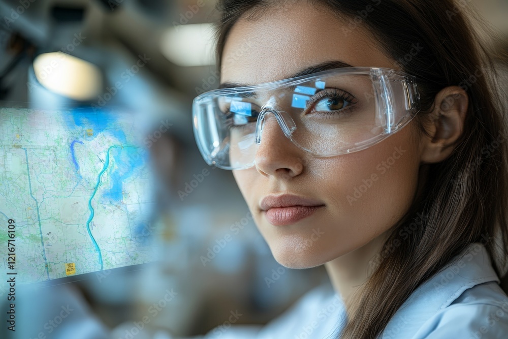 Leinwandbilder scientist analyzing data on a screen while wearing safety glasses in a modern laboratory setting