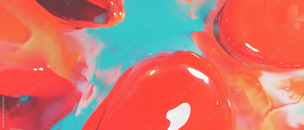 Poster vibrant red shapes contrast against a soft blue background with diffused ink texture and edges