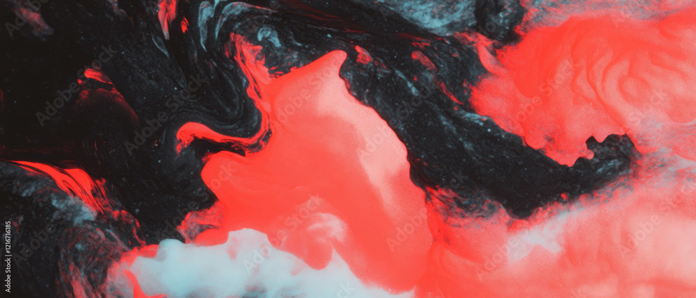 Poster vibrant abstract art showcasing ink diffusion with bright red shapes on dark background