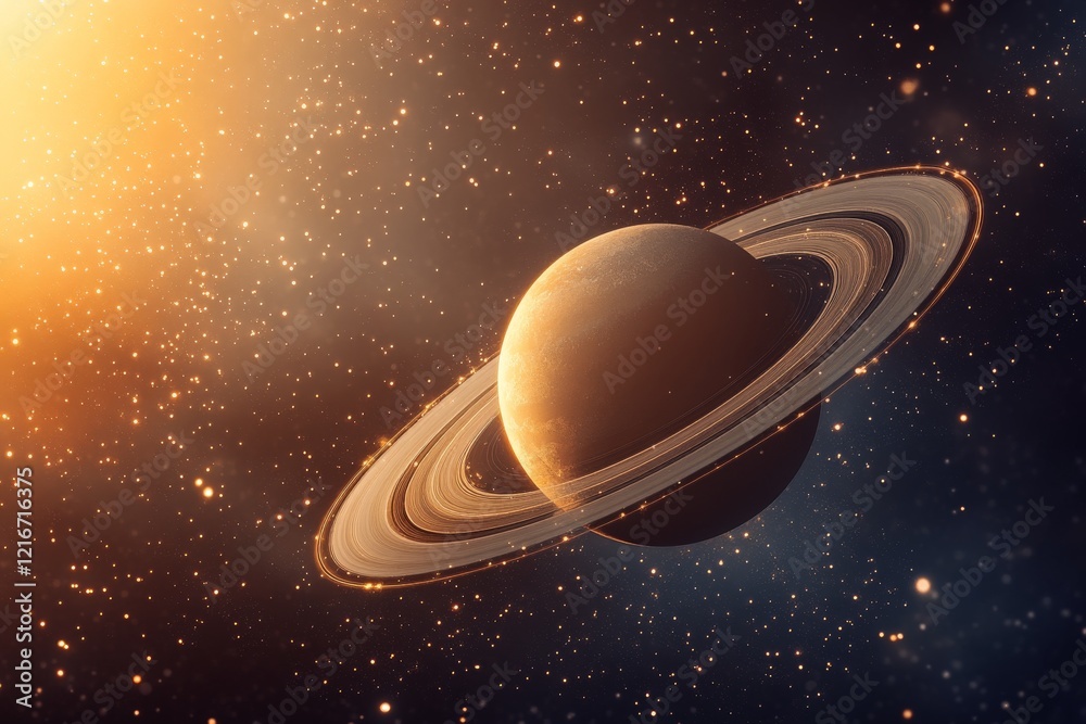 Poster vivid depiction of saturn in space surrounded by distant stars and celestial phenomena