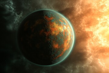 Obraz premium Vibrant alien planet captured in stunning detail, showcasing unique terrain and dazzling sunlight against a cosmic backdrop