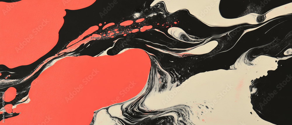 Poster Bright red shapes contrast against smooth paper texture with ink lines and patterns