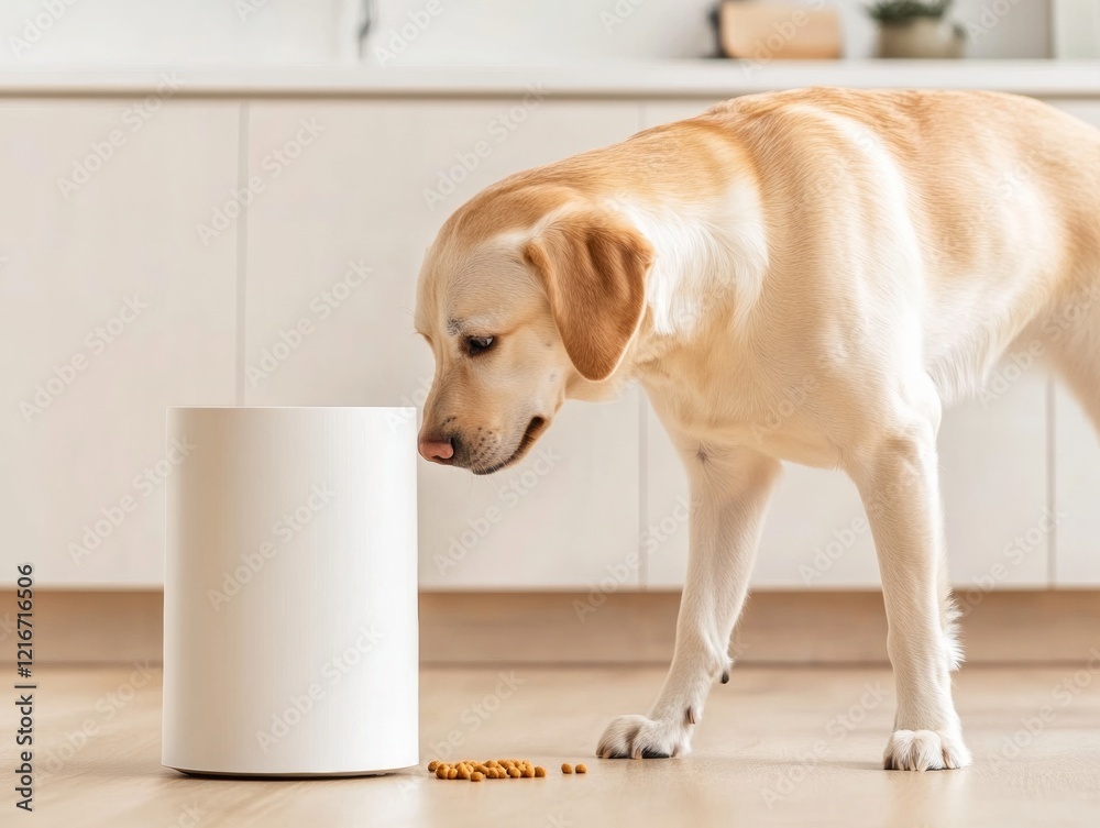 Poster modern pet tech vibes labrador with smart feeder in minimalist kitchen - sleek design and urban pet 