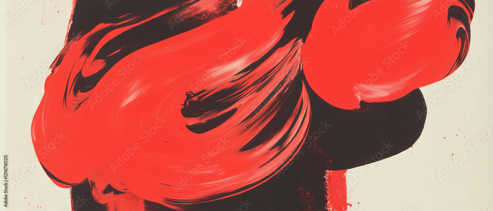 Poster Bold red ink shapes on smooth paper create dynamic contrast and texture in artwork