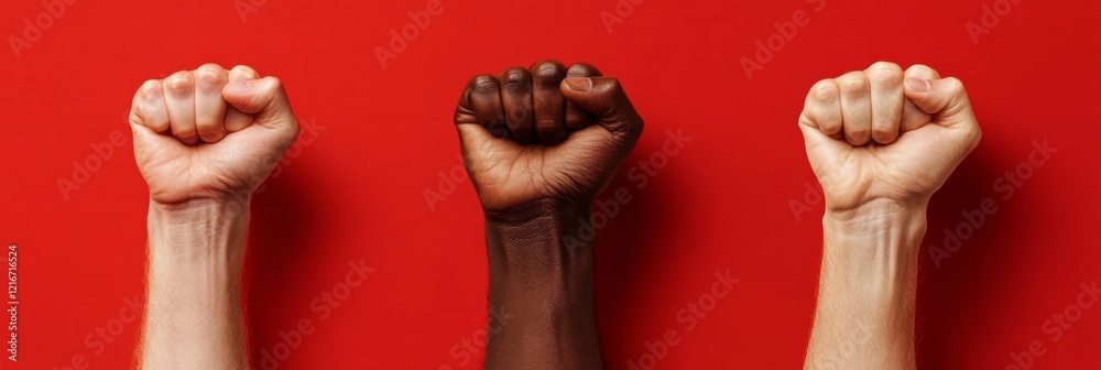 Poster contemporary unity movement diverse hands in power gesture against bold red background - visual for 