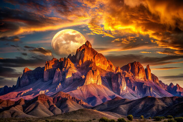 Majestic mountain peak under glowing moon and vibrant sunset sky