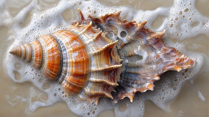 Obraz premium Colorful seashell resting on wet sand with foamy ocean water at a sunny beach. Generative AI