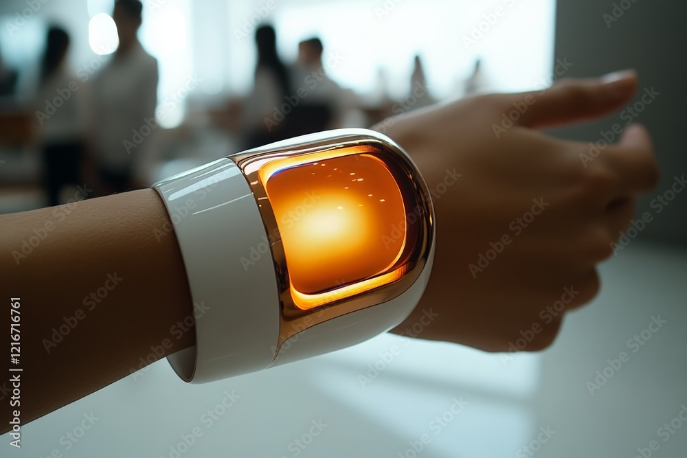 Poster Innovative wearable technology showcases a sleek design and glowing interface in a modern indoor setting