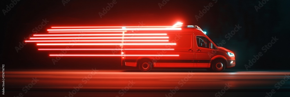 Poster dynamic motion graphics of speeding ambulance high-tech led light trails and sleek design in emergen