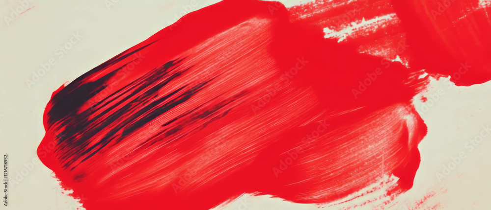 Poster Brush strokes create vibrant red shapes with textured ink and varied thickness on canvas
