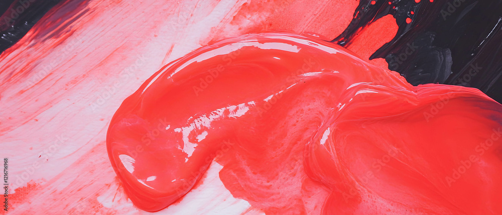 Poster Brightly contrasting red shapes blend with textured lines to form a captivating composition