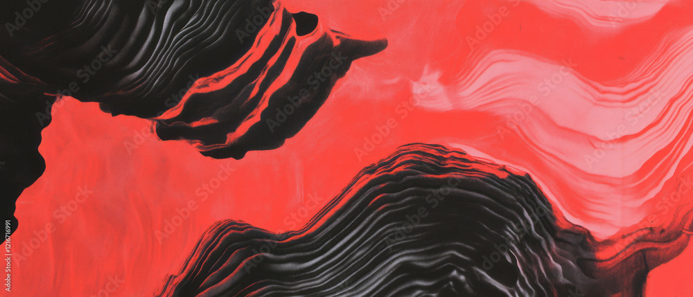 Poster vivid brush strokes create dynamic contrast in textured ink art with red accents